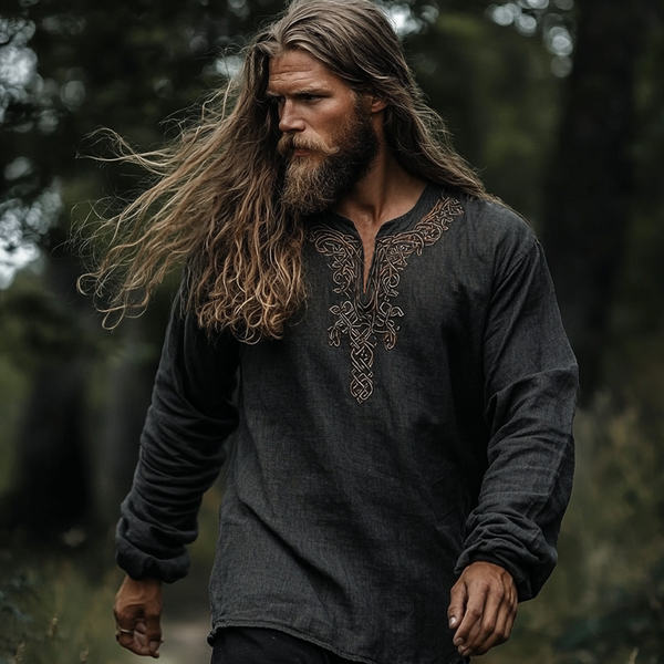 Men's Vintage Viking Ancient Nordic-style Linen Printed Casual Long Sleeve Top Shirt