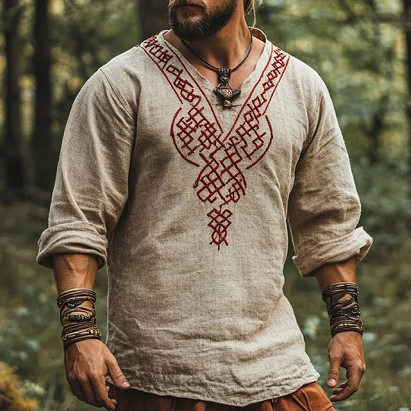 Men's Vintage Viking Art Bohemian Skandinavia Style Linen Printed Long Sleeve Top Shirt