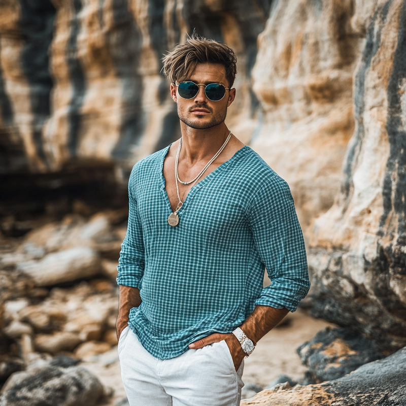 Holiday Bohemian Beach Men's Linen Casual Long Sleeve Shirt Top