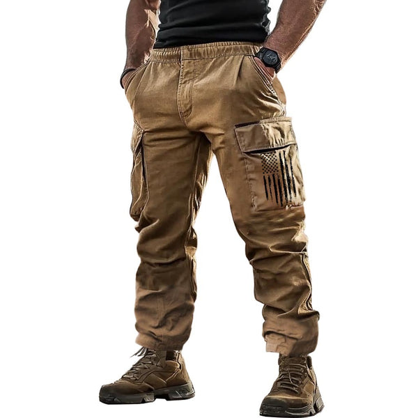 Khaki Tactical Cargo Pants With American Flag Patch