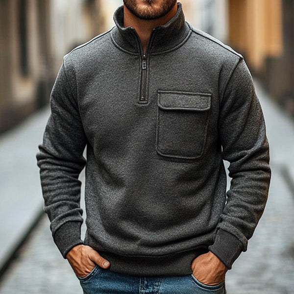 Men's Vintage Pocket Quarter Zip Stand Collar Sweatshirt