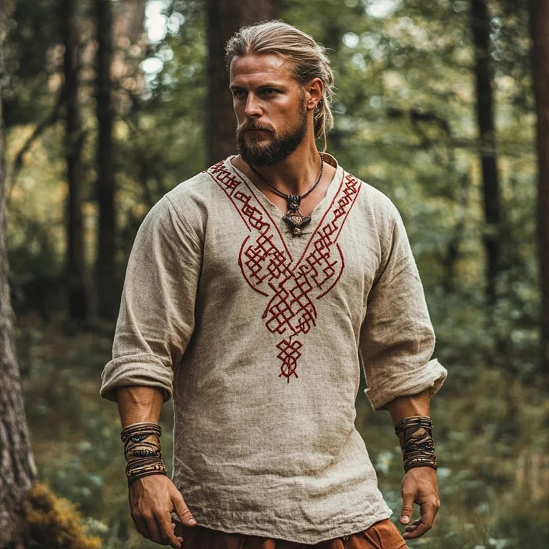 Men's Vintage Viking Art Bohemian Skandinavia Style Linen Printed Long Sleeve Top Shirt