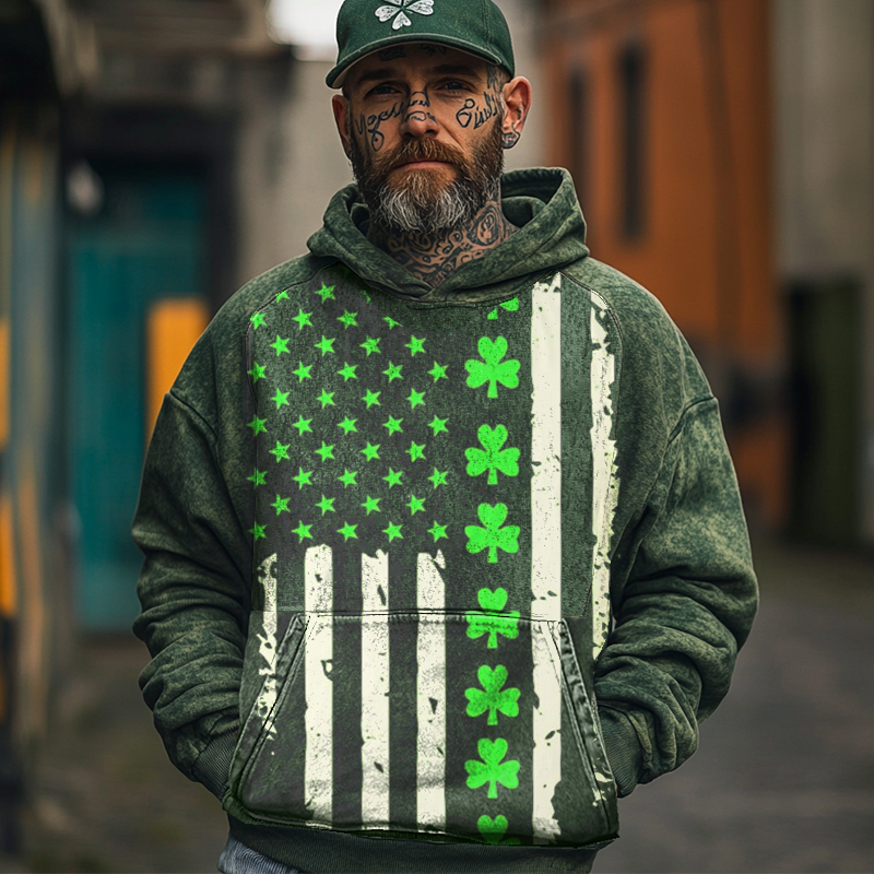 Men's Vintage Distressed Green American Flag Shamrock Print Hoodie