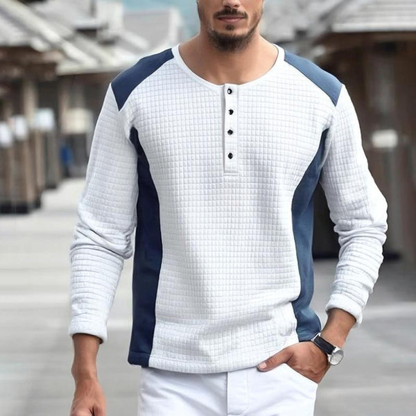 Men's Vintage Waffle Color Block Henley Collar Long Sleeve Sweatshirt