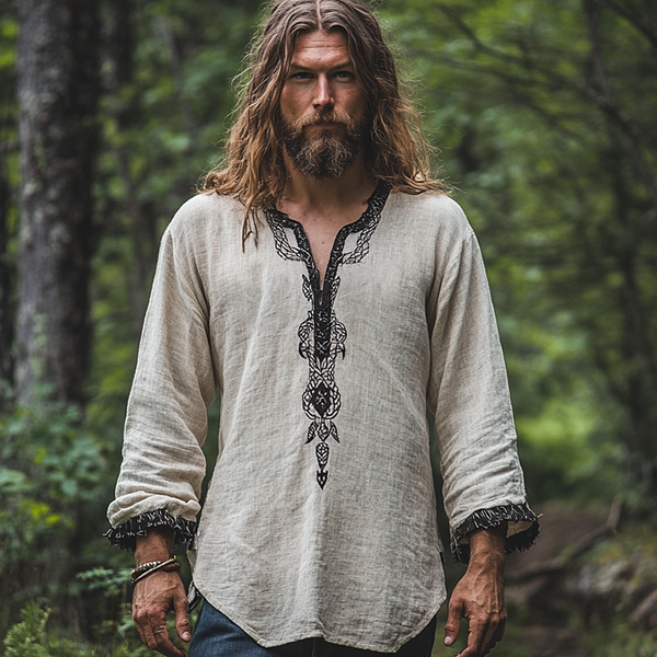 Men's Vintage Viking Ancient Nordic-style Skandinavia Style Linen Printed Casual Long Sleeve Top Shirt