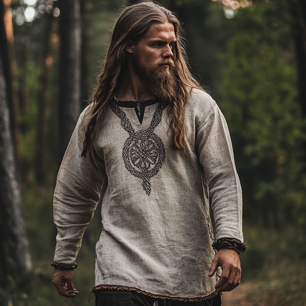 Men's Vintage Viking Ancient Nordic-style Linen Printed Long Sleeve Top Shirt