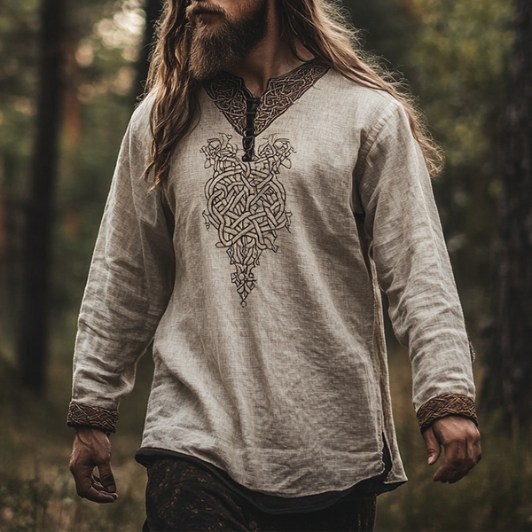 Men's Vintage Viking Bohemian Skandinavia Style Linen Printed Long Sleeve Tops Shirt