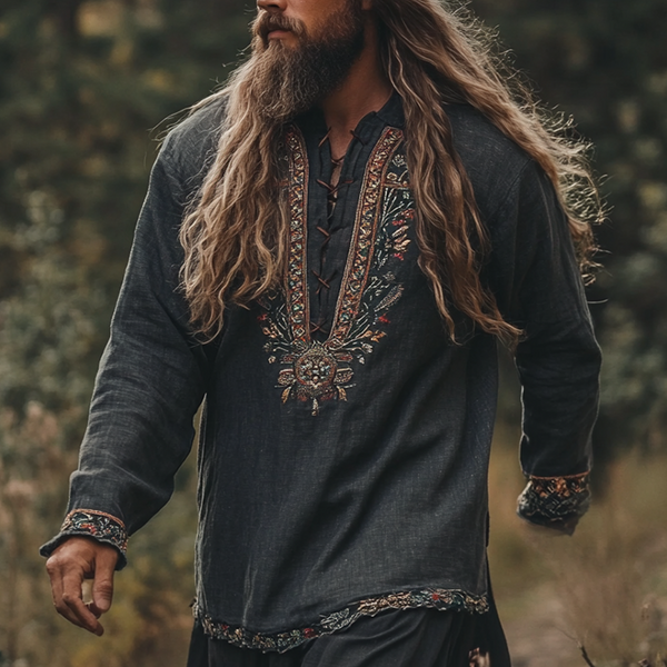 Men's Vintage Viking Ancient Nordic-style Bohemian Skandinavia Style Linen Printed Casual Long Sleeve Top Shirt