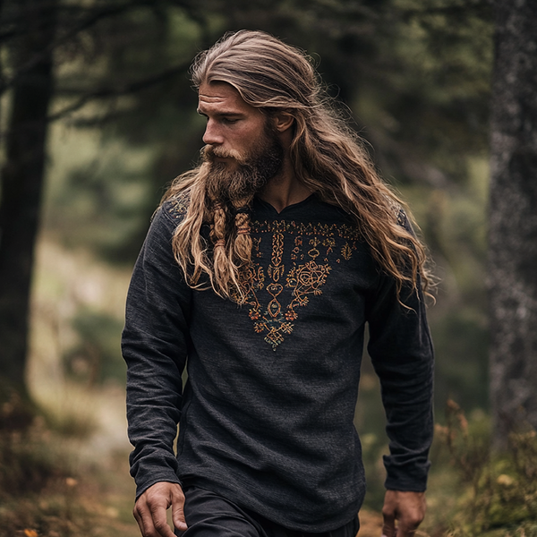 Men's Vintage Viking Art Ancient Nordic-style Skandinavia Style Linen Printed Casual Long Sleeve Top Shirt