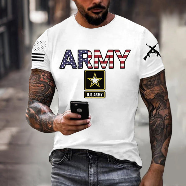 Men's Vintage Veterans Day Army America Flag Print Crew Neck Short Sleeve T-shirt