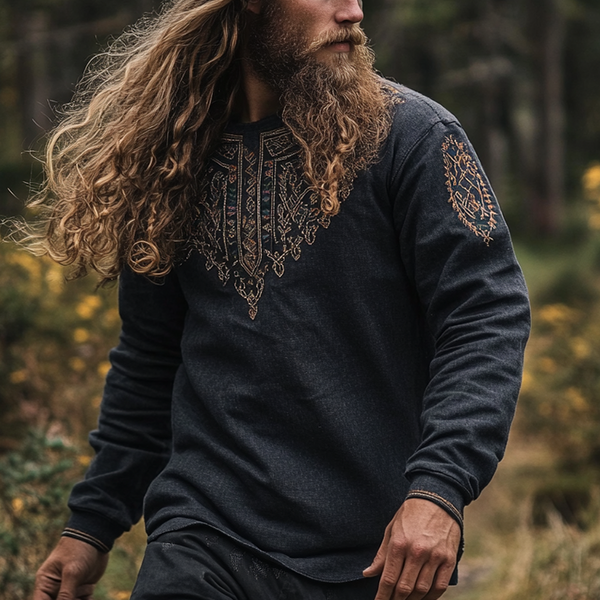 Men's Vintage Viking Art Bohemian Skandinavia Style Linen Printed Ancient Nordic-style Long Sleeve Top Shirt