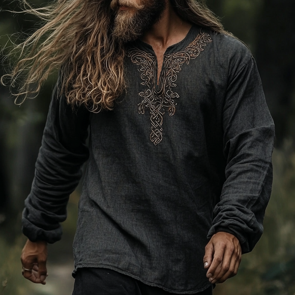 Men's Vintage Viking Ancient Nordic-style Linen Printed Casual Long Sleeve Top Shirt