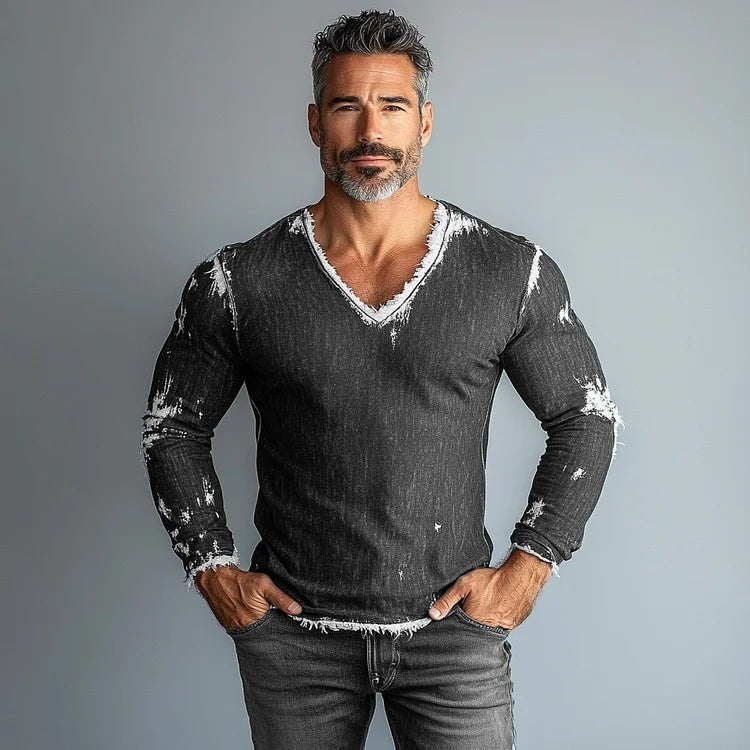 Men's Vintage Denim Raw Edge V-neck Long Sleeve T-shirt