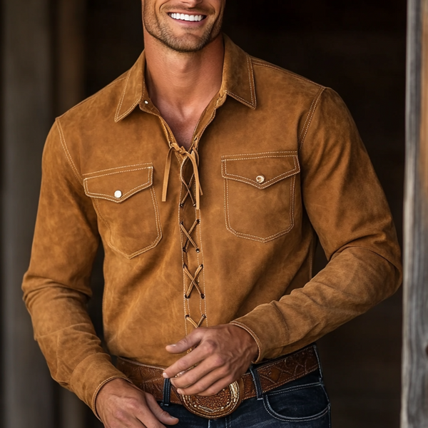 Rustic Brown Western Shirt With Lace-Up Front