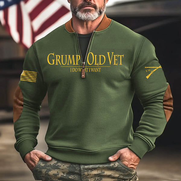 Men's Vintage Grumpy OLD Vet Letter Print Color Block Henley Zipper Long Sleeve Sweatshirt