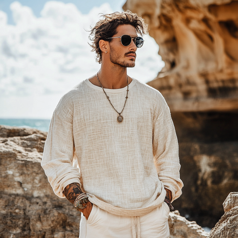 Holiday Bohemian Beach Men's Linen Casual Long Sleeve Shirt Top