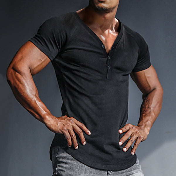 Men's Casual Slim Short Sleeve T-Shirt Sports Fitness Running Henley V Neck Top