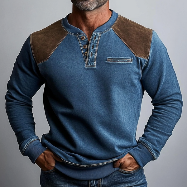 Men's Vintage Suede Denim Patchwork Pocket Henley Sweatshirt