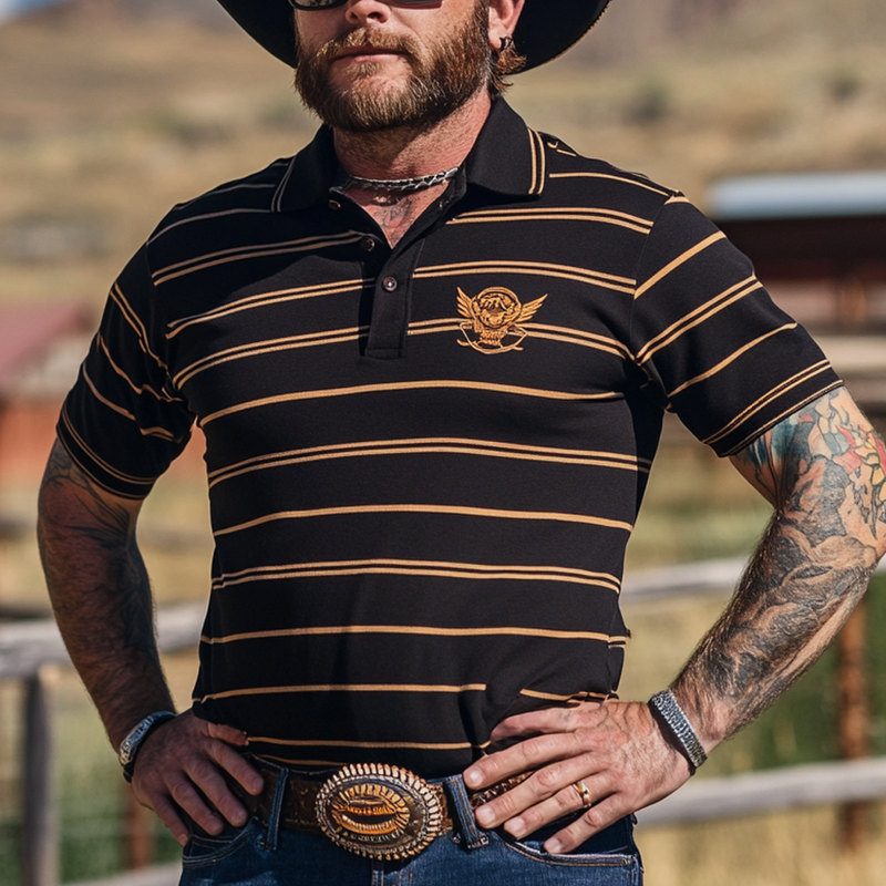 Men's Western Cowboy Striped Polo Collar Short Sleeve T-shirt