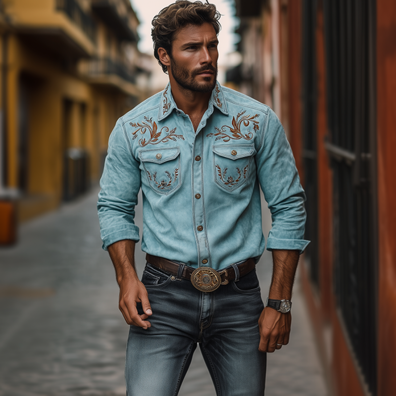 Men's Vintage Western Style Suede Embroidered Shirt