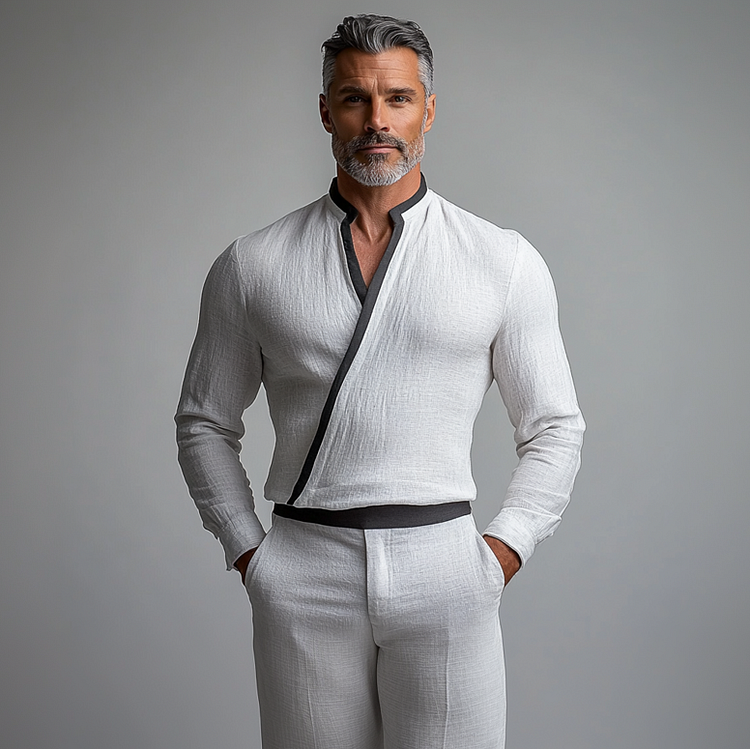 Men's Elegant White Patchwork Linen Wrap Blend V-Neck Shirt