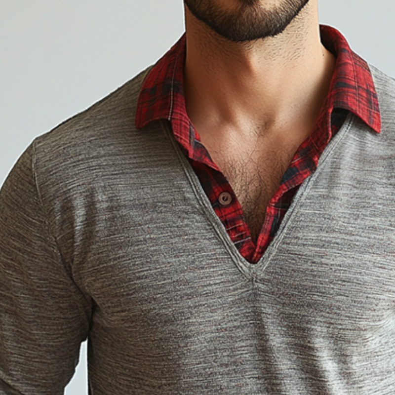 Men's Retro Gray V-neck Layered Shirt With Plaid Collar Patchwork