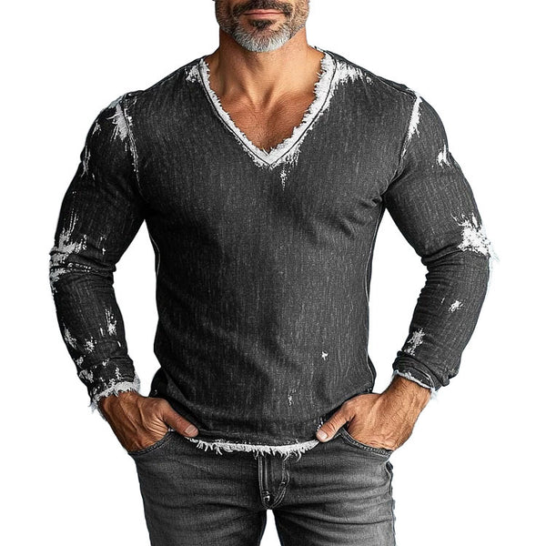 Men's Vintage Denim Raw Edge V-neck Long Sleeve T-shirt