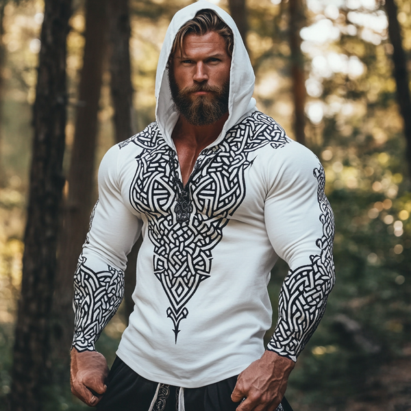 Men's Vintage Viking Warrior Intricate Celtic Print Linen Long Sleeve Hooded Shirt