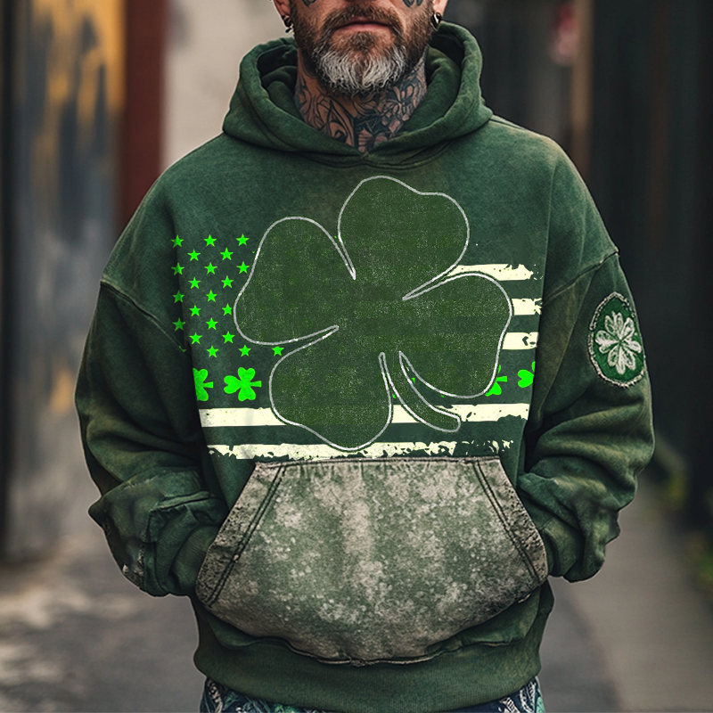 Men's Vintage Distressed St. Patrick's Day Shamrock Flag Print Hoodie Green