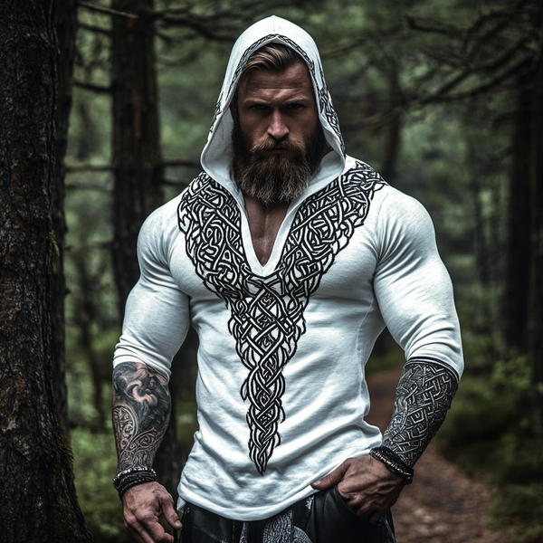 Men's Vintage Viking Warrior Intricate Celtic Print Long Sleeve Hooded T-shirt