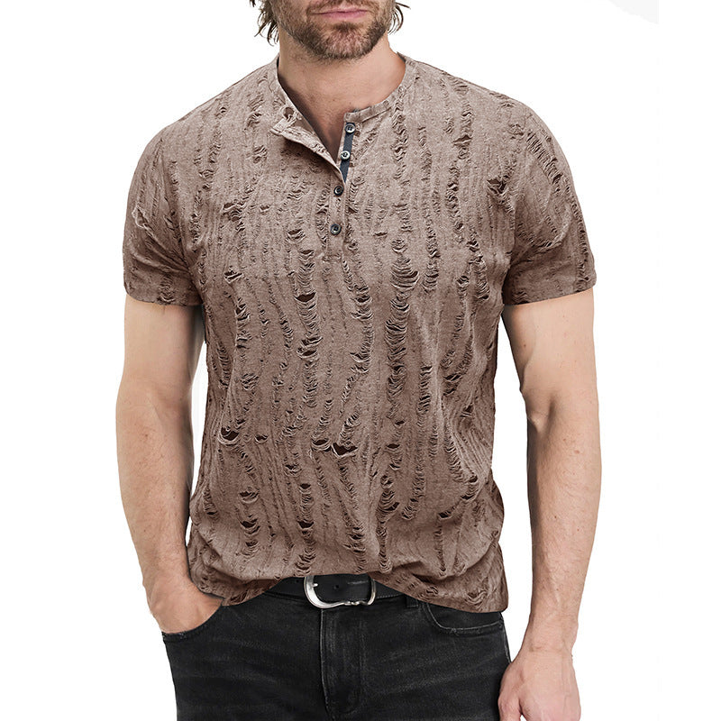 Men's Vintage Texture Jacquard Raw Edge Henley Collar T-shirt