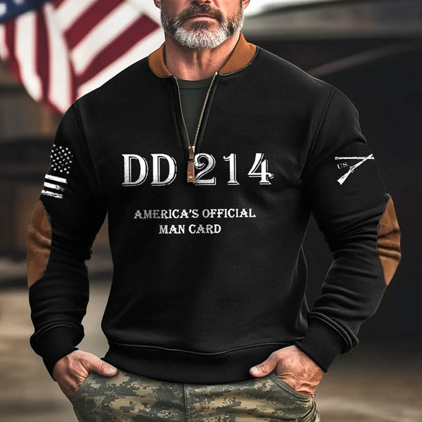 Men's Vintage DD214 America's Official Man Card Letter Print Color Block Henley Zipper Long Sleeve Sweatshirt