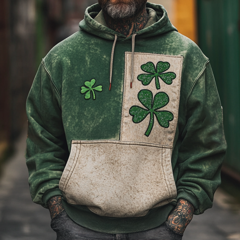 Men's Vintage Distressed Four-Leaf Pocket Clover Hoodie Green St. Patrick's Day