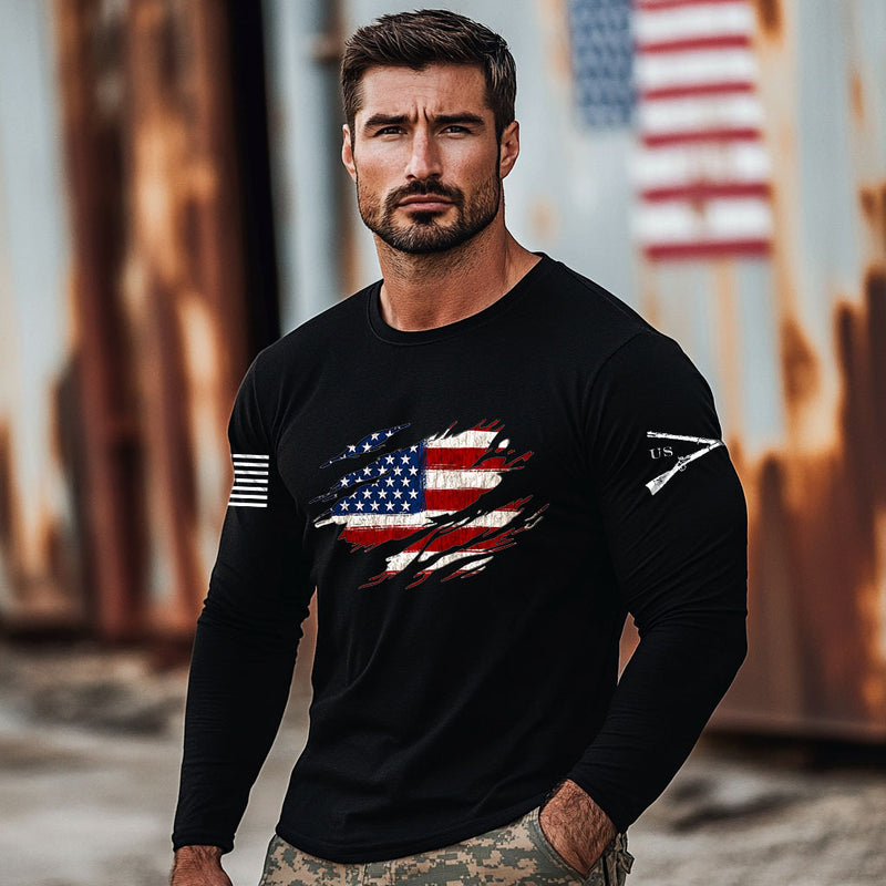 Men's Vintage American Flag Print Long Sleeve Crew Neck T-shirt