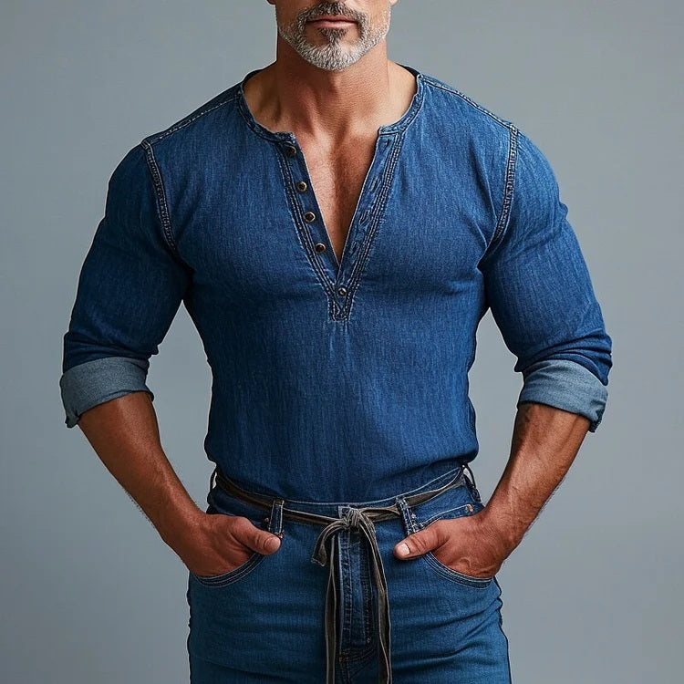 Men's Vintage Stylish Denim Henley T Shirt