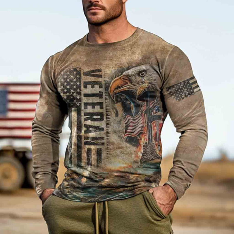 Men's Vintage Veterans Day American Flag Eagle Print Long Sleeve Round Neck T-shirt