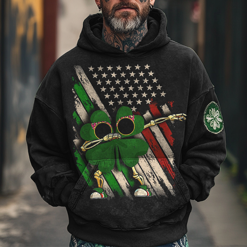 Men's Vintage American Flag And Clover Print Hoodie St. Patrick's Day Black