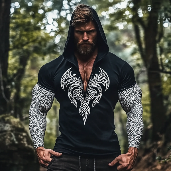 Men Are Vintage Viking Warrior VE Paste Vi Sir Intricate Celtic Print Linen Long Sleeve Hooded Shirt