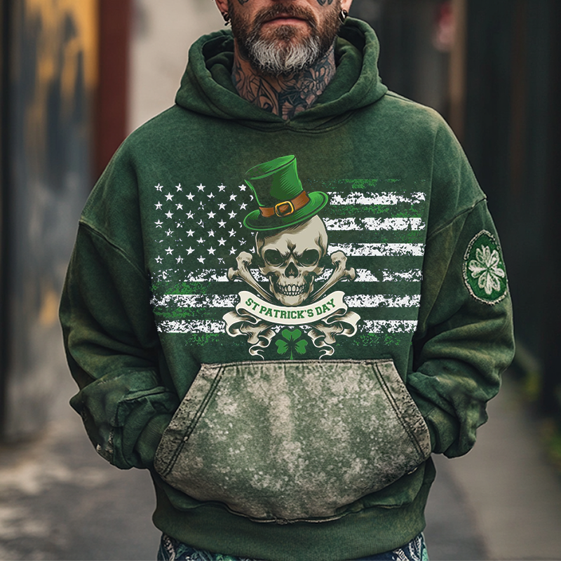 Men's Vintage Distressed St. Patrick's Day Skull Shamrock Print Hoodie Green