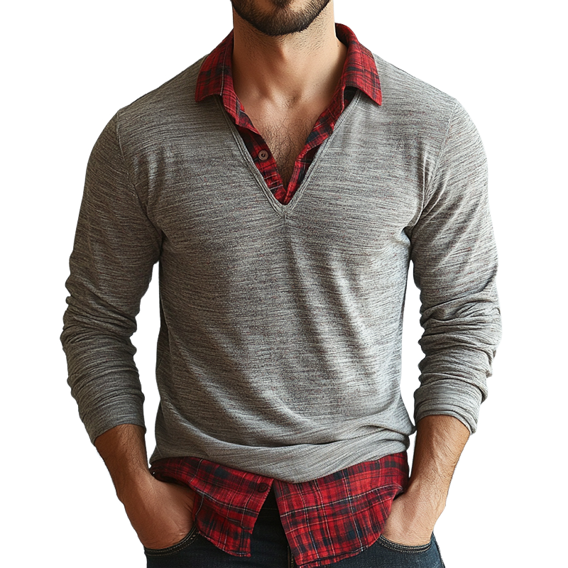 Men's Retro Gray V-neck Layered Shirt With Plaid Collar Patchwork