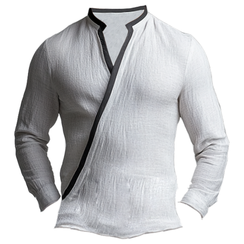 Men's Elegant White Patchwork Linen Wrap Blend V-Neck Shirt