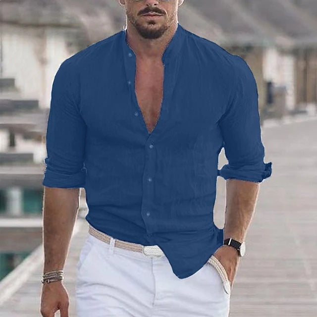 Men's Linen Solid Color Casual Stand Collar Long Sleeve Shirt