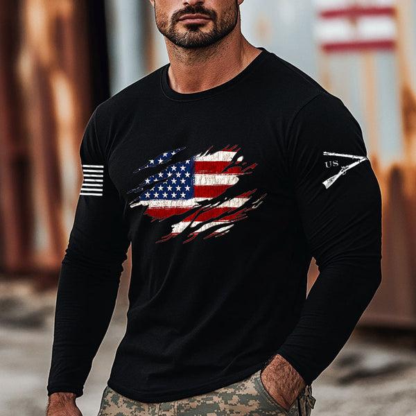 Men's Vintage American Flag Print Long Sleeve Crew Neck T-shirt