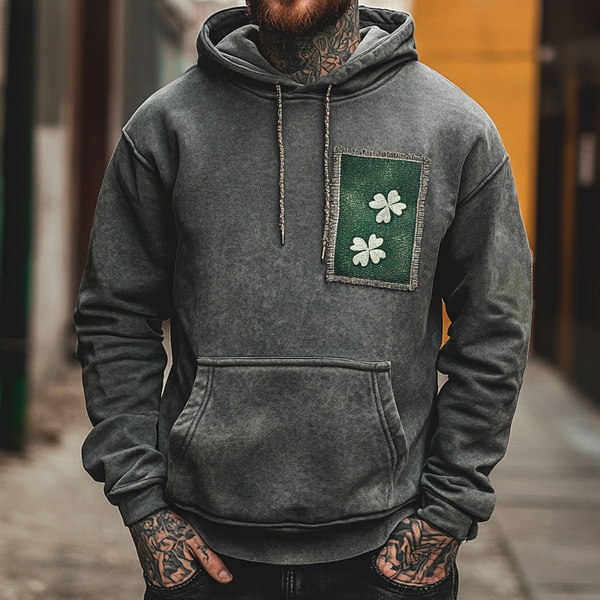 Men's Vintage Distressed St. Patrick's Day Shamrock Patch Hoodie Gray Green