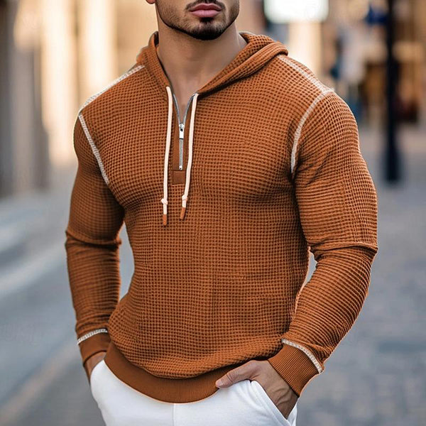 Men's Vintage Waffle Knit Long Sleeve Half Zip Hoodie