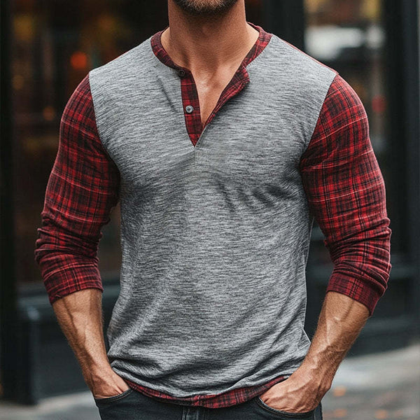 Men's Vintage Western Gray And Red Plaid Patchwork Long Sleeve Henley T Shirt