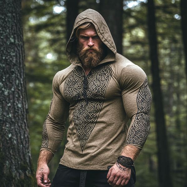 Men's Vintage Viking Warrior Intricate Celtic Print Cotton And Linen Long Sleeve Hooded Shirt