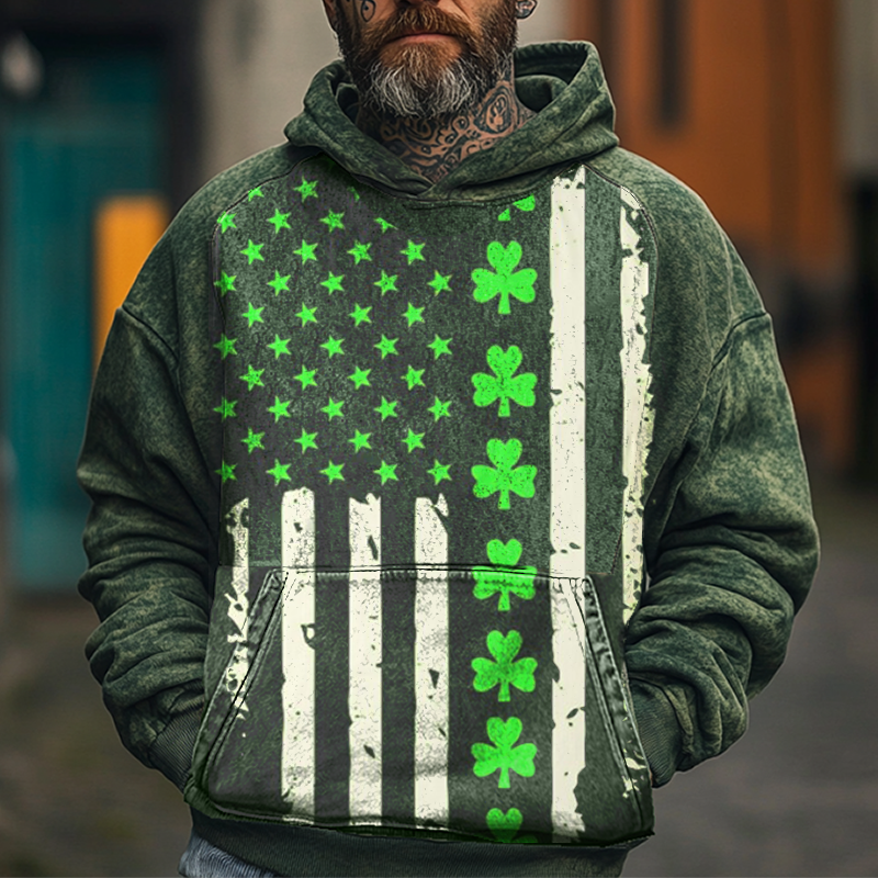 Men's Vintage Distressed Green American Flag Shamrock Print Hoodie