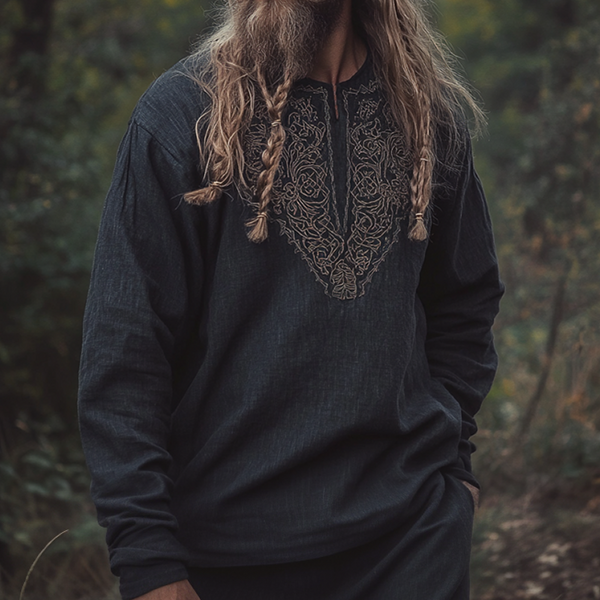 Men's Vintage Viking Bohemian Skandinavia Style Linen Printed Ancient Nordic-style Long Sleeve Top Shirt