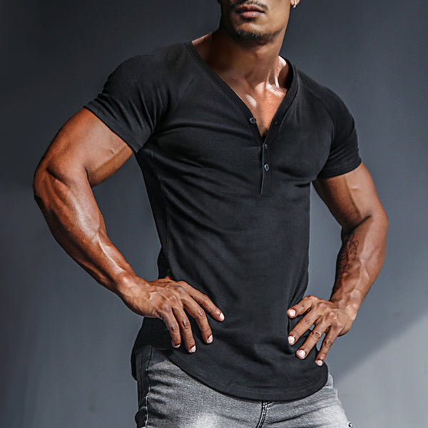 Men's Casual Slim Short Sleeve T-Shirt Sports Fitness Running Henley V Neck Top